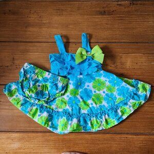 Nannette Baby Girl Dress With Bloomers Green & Blue Flowers. Size 12 Months